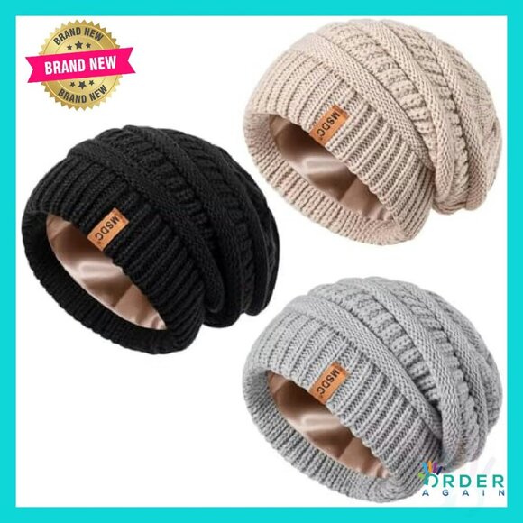 Satin Lined Slouchy Beanie Set Classic Oversized Winter Hat Chic - Picture 2 of 8